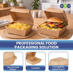 Endura Burger Box Brown Kraft 105x102x83MM Eco Friendly Takeaway - SNH Packing