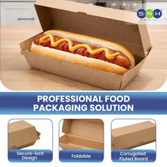 Hot dog in a cardboard container with 'SNH' branding, labeled as a professional food packaging solution.