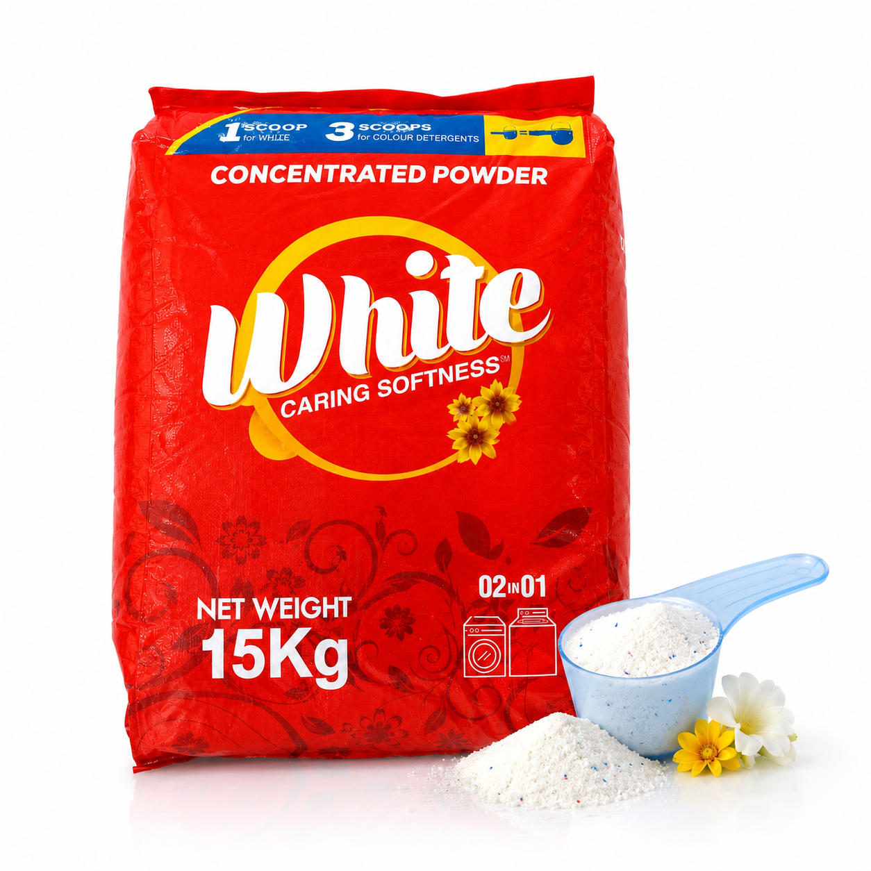 A 15kg red bag of White Caring Softness concentrated powder, shown with a blue scoop filled with white powder and a small pile of powder on a white background.