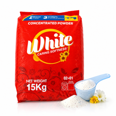 A 15kg red bag of White Caring Softness concentrated powder, shown with a blue scoop filled with white powder and a small pile of powder on a white background.
