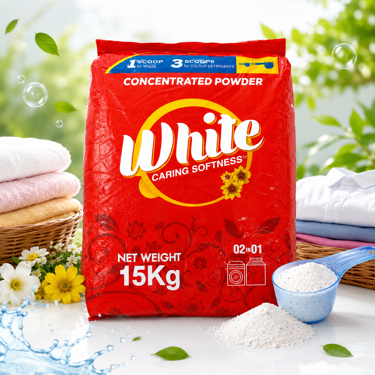 A 15kg red bag of White Caring Softness concentrated powder detergent, styled on a white surface with folded laundry, flowers, bubbles, and a scoop of white powder.