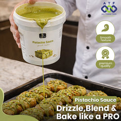 Pistachio sauce being drizzled over cookies with 'All Things Food' branding.