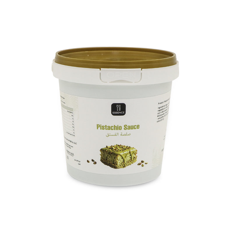 Pistachio sauce container with a white label on a white background