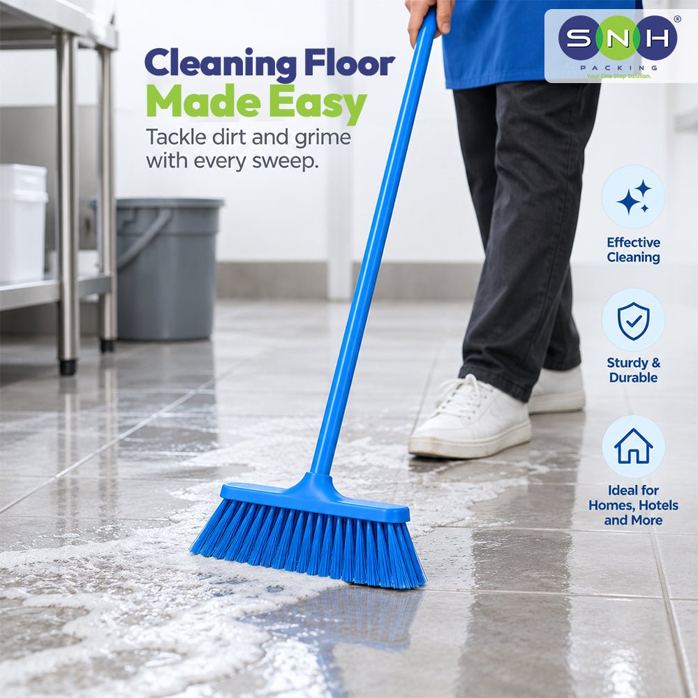 Floor Cleaning Broom With Stick - Blue Brush with Handle - SNH Packing
