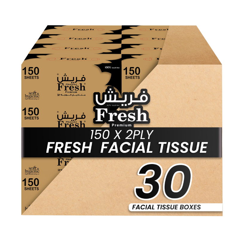 Box of Fresh facial tissue with 30 boxes inside, displaying '150 x 2ply' and 'Fresh' branding.