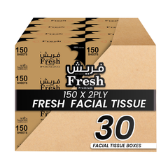 Box of Fresh facial tissue with 30 boxes inside, displaying '150 x 2ply' and 'Fresh' branding.