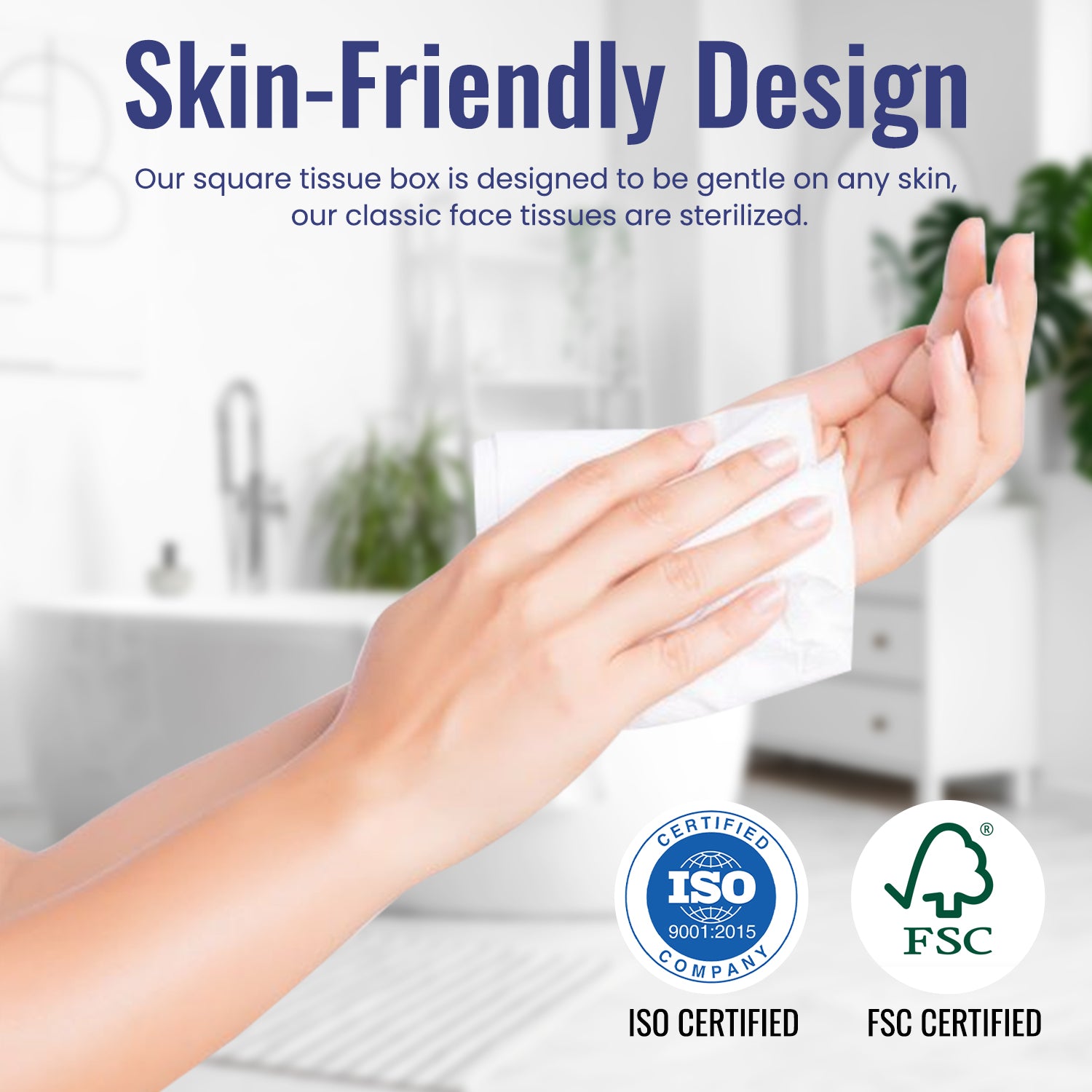 Person using a tissue with ISO and FSC certification logos in the foreground.