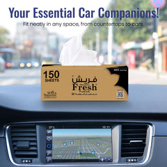 Box of tissues on a car dashboard with text 'Your Essential Car Companions!' and '150 Sheets' displayed.
