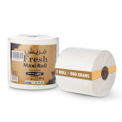 Two toilet paper rolls with 'Fresh Maxi Roll' packaging on a white background