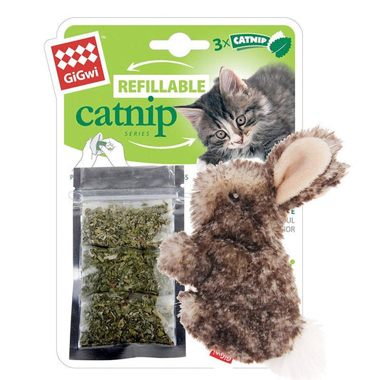 Gigwi Rabbit Fluffy Plush Cat Toy with 3 Refillable Catnip Bags - SNH Packing