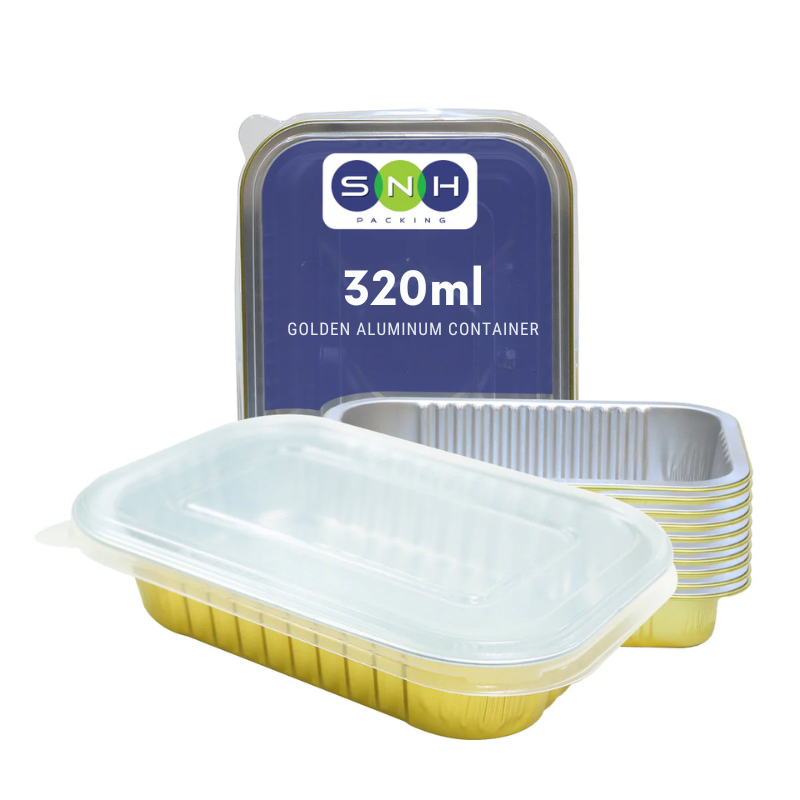 Gold-colored aluminum container with a lid, featuring SNH Packaging branding and '320ml' label.