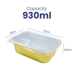 Yellow food container with a clear lid, showing dimensions and capacity on a white background.