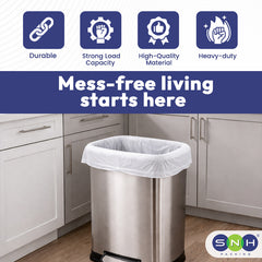 Metal trash bin with a white bag in a kitchen setting, featuring durability and quality attributes.