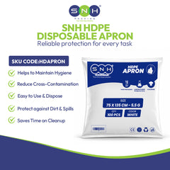 SNH HDPE Disposable Apron packaging with product details on a white background