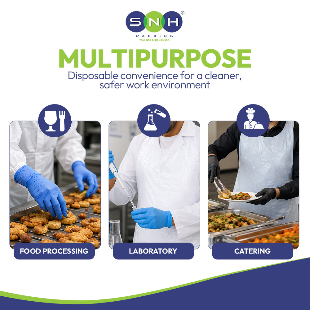 SNH packaging advertisement for disposable products used in food processing, laboratory, and catering environments.
