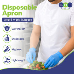 Disposable apron advertisement with person preparing salad, highlighting features like waterproof, disposable, hygienic, and lightweight.