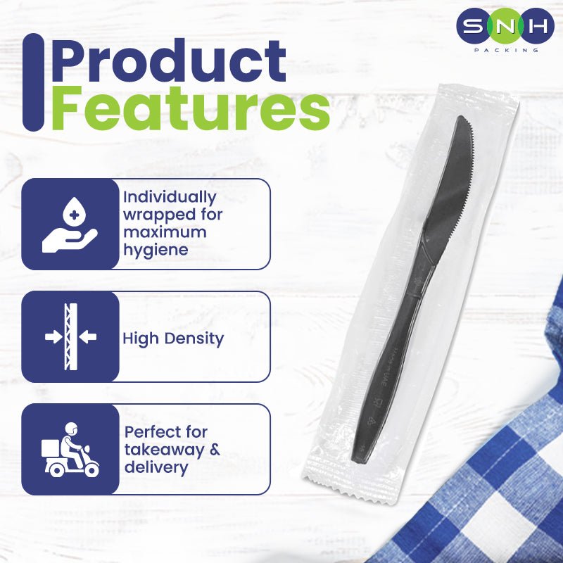 Heavy Duty Black Plastic Knives Individually Wrapped - SNH Packing