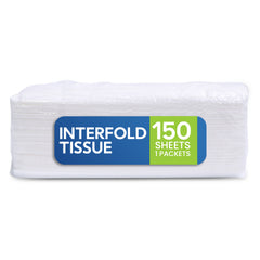 Pack of interfold tissue with a label indicating 150 sheets on a white background
