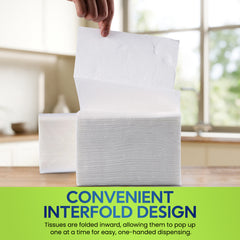 Stack of interfolded tissues with a hand lifting one, set against a blurred kitchen background.
