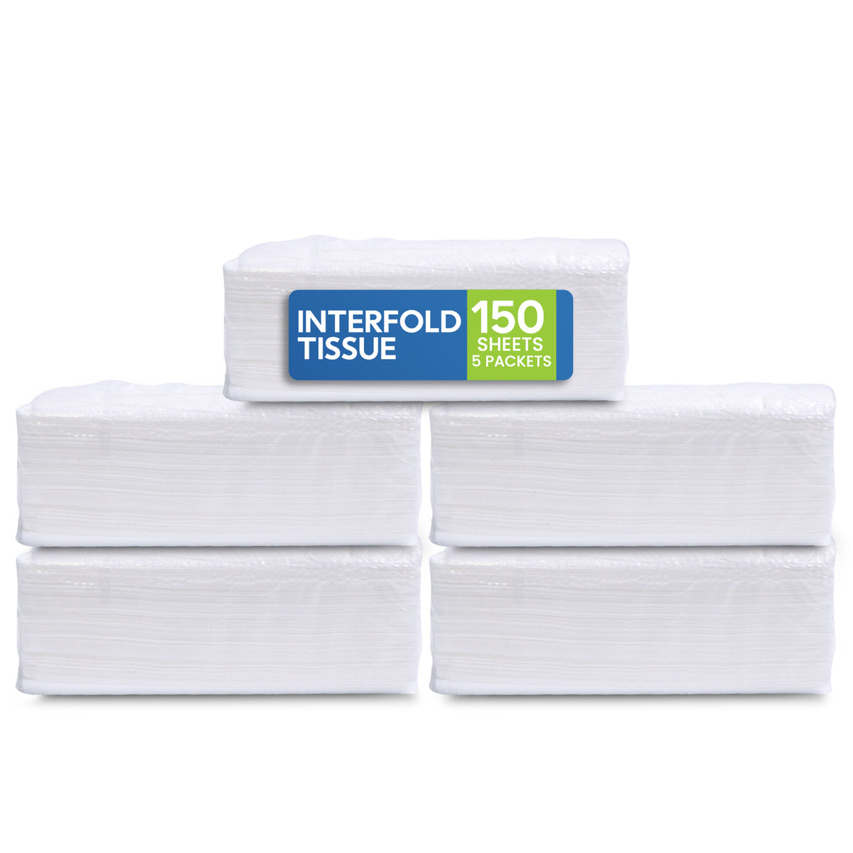 Stack of interfold tissue with a label indicating 150 sheets per packet on a white background