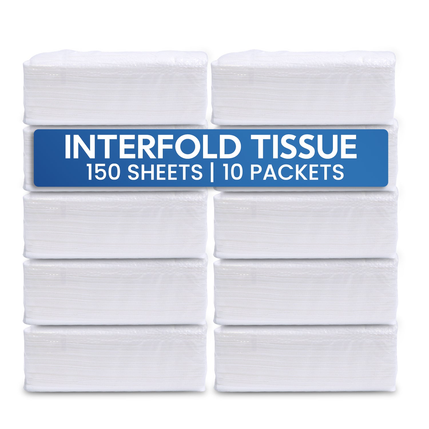 Interfold tissue with a blue label indicating 150 sheets per packet and 10 packets total on a white background.