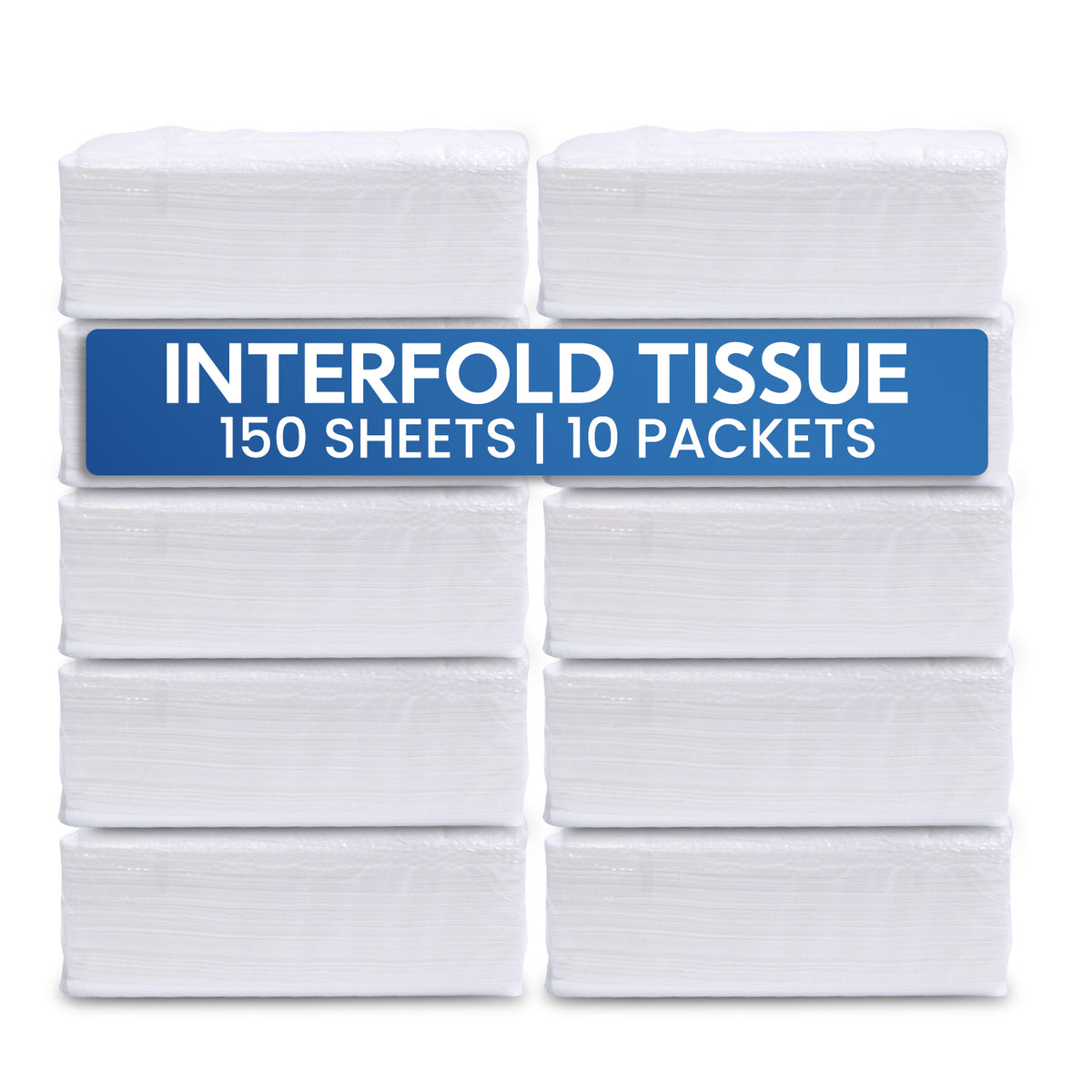Interfold tissue with a blue label indicating 150 sheets per packet and 10 packets total on a white background.