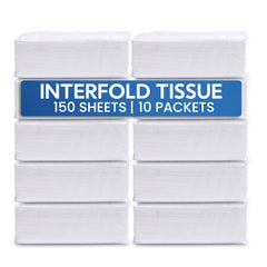 Interfold tissue with a blue label indicating 150 sheets per packet and 10 packets total on a white background.