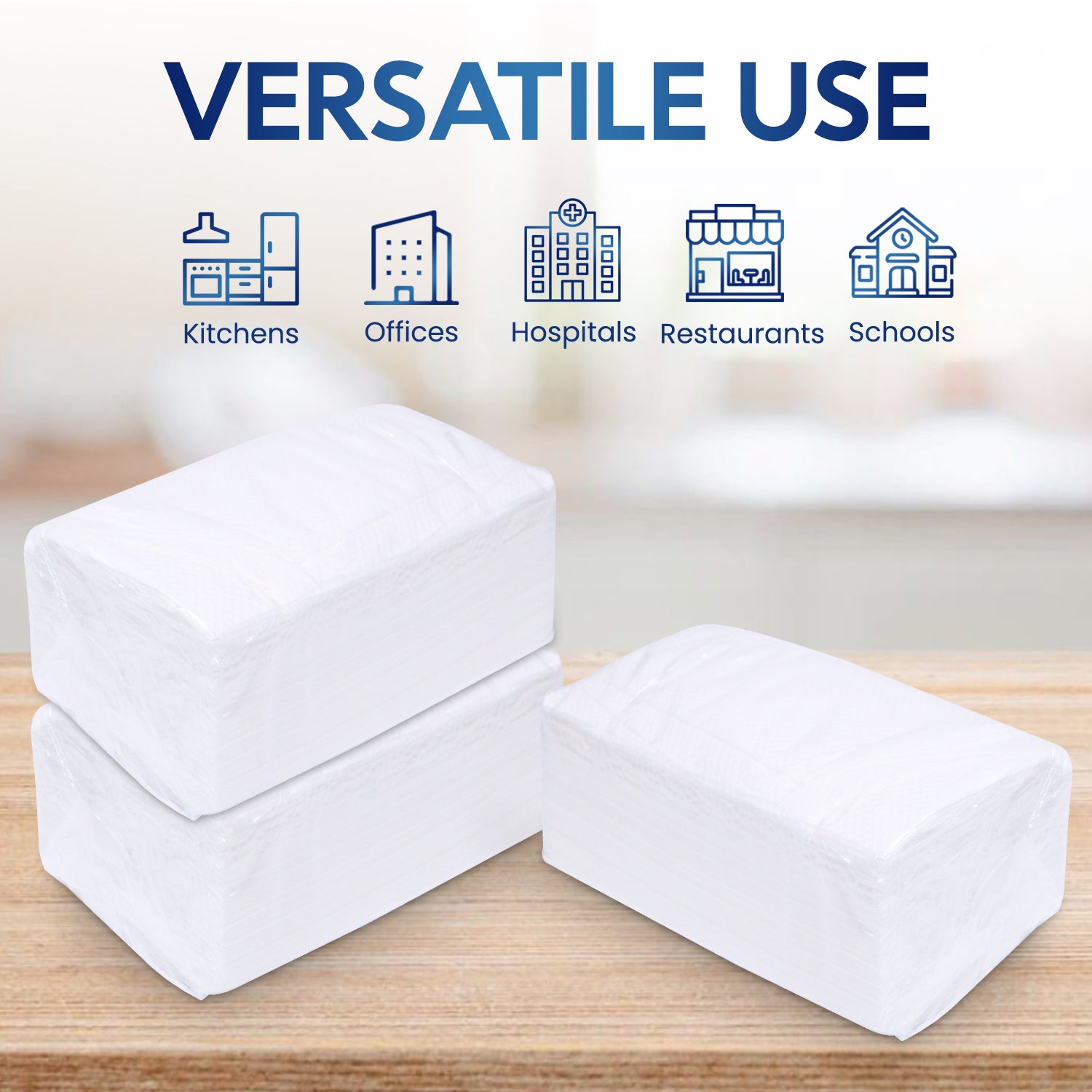 White foam blocks on a wooden surface with text 'VERSATILE USE' and icons below.