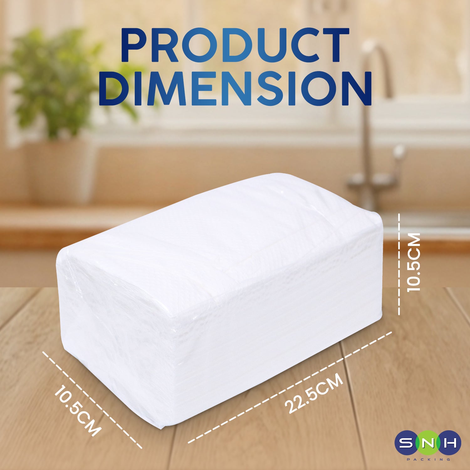 White yoga block with dimensions on a wooden floor, blurred bathroom background