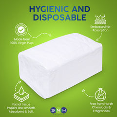 White facial tissue papers on a green background with text highlighting hygienic and disposable properties.