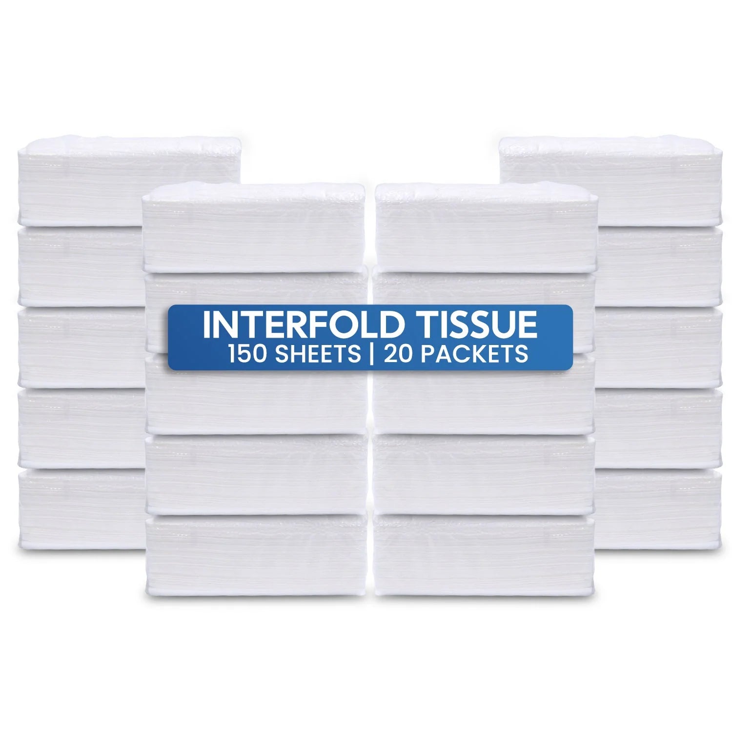 Stack of interfold tissue packets with a blue label on a white background