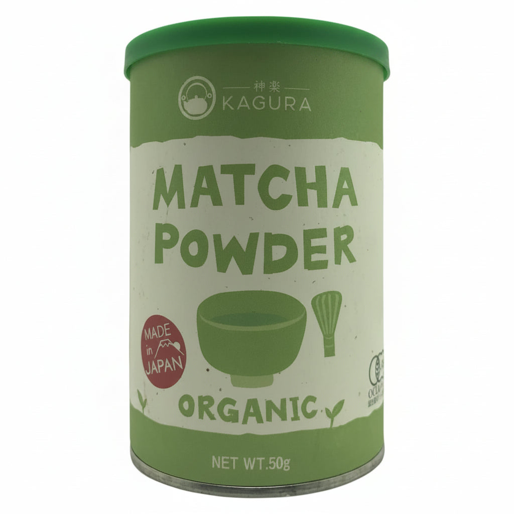 Canister of Kagura Matcha Powder on a white background