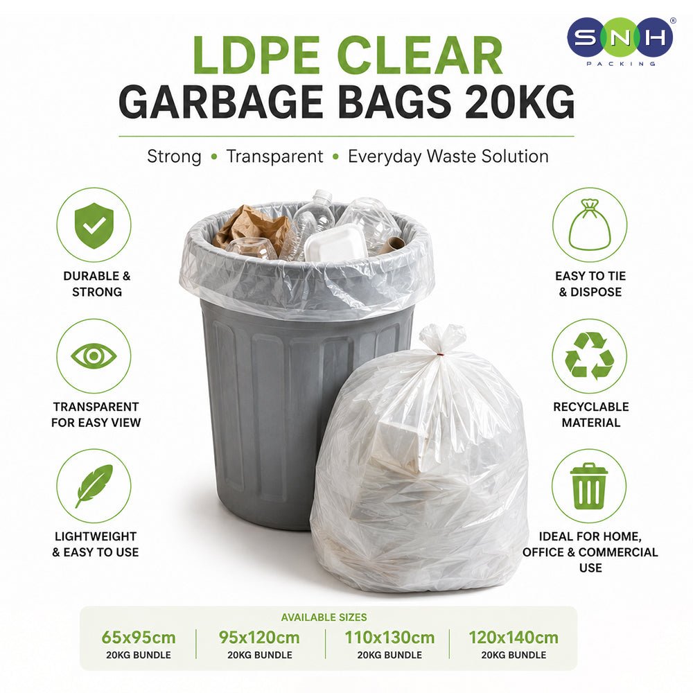 LDPE Clear Garbage Bags 20KG 80 Micron Heavy Duty Trash Bags - SNH Packing