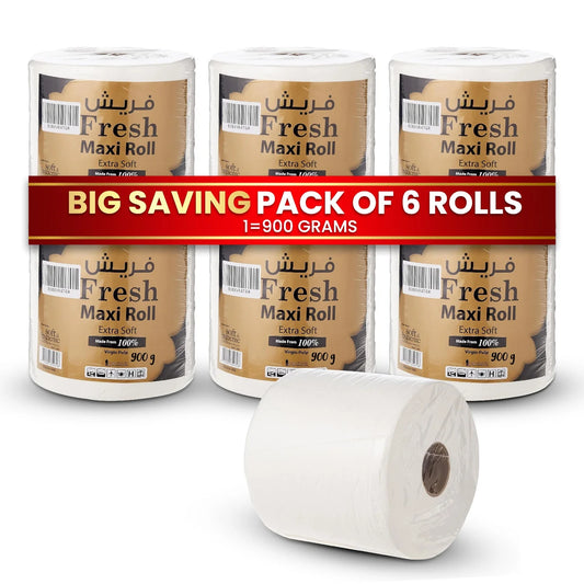 Three rolls of Fresh Maxi Roll with a fourth roll in front on a white background, featuring a promotional banner.