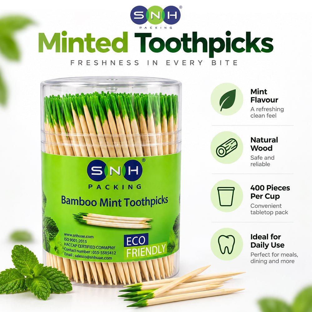 Minted Toothpicks 400 Pieces Wooden Cup Pack Fresh Mint Flavour - SNH Packing