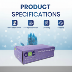 Box of blue nitrile gloves with product specifications