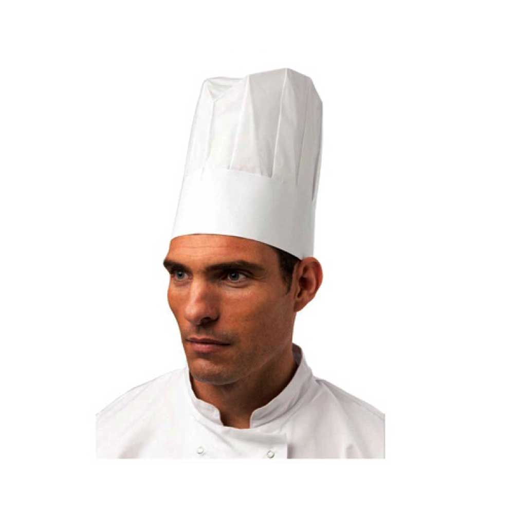 A person wearing a white non-woven chef hat.