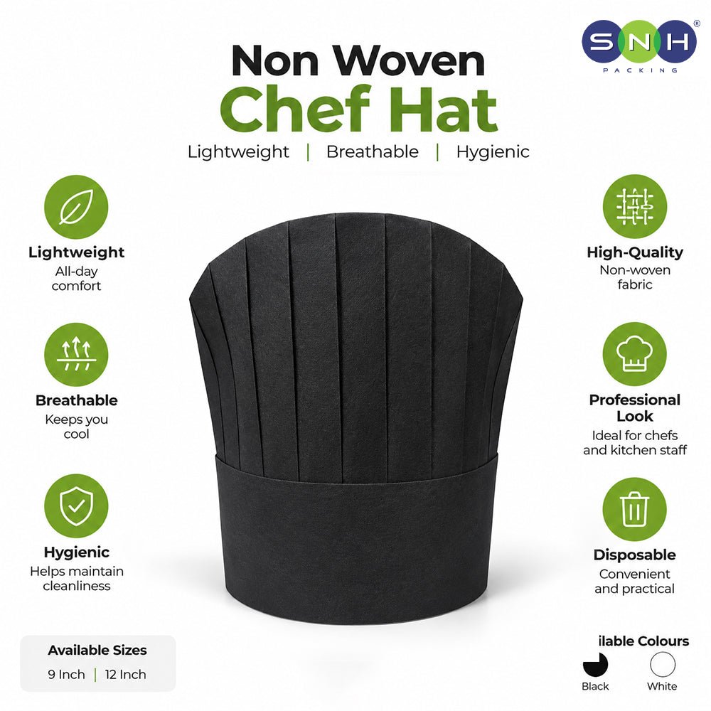 Non Woven Chef Hat 10 Pieces Black White 9 Inch 12 Inch - SNH Packing