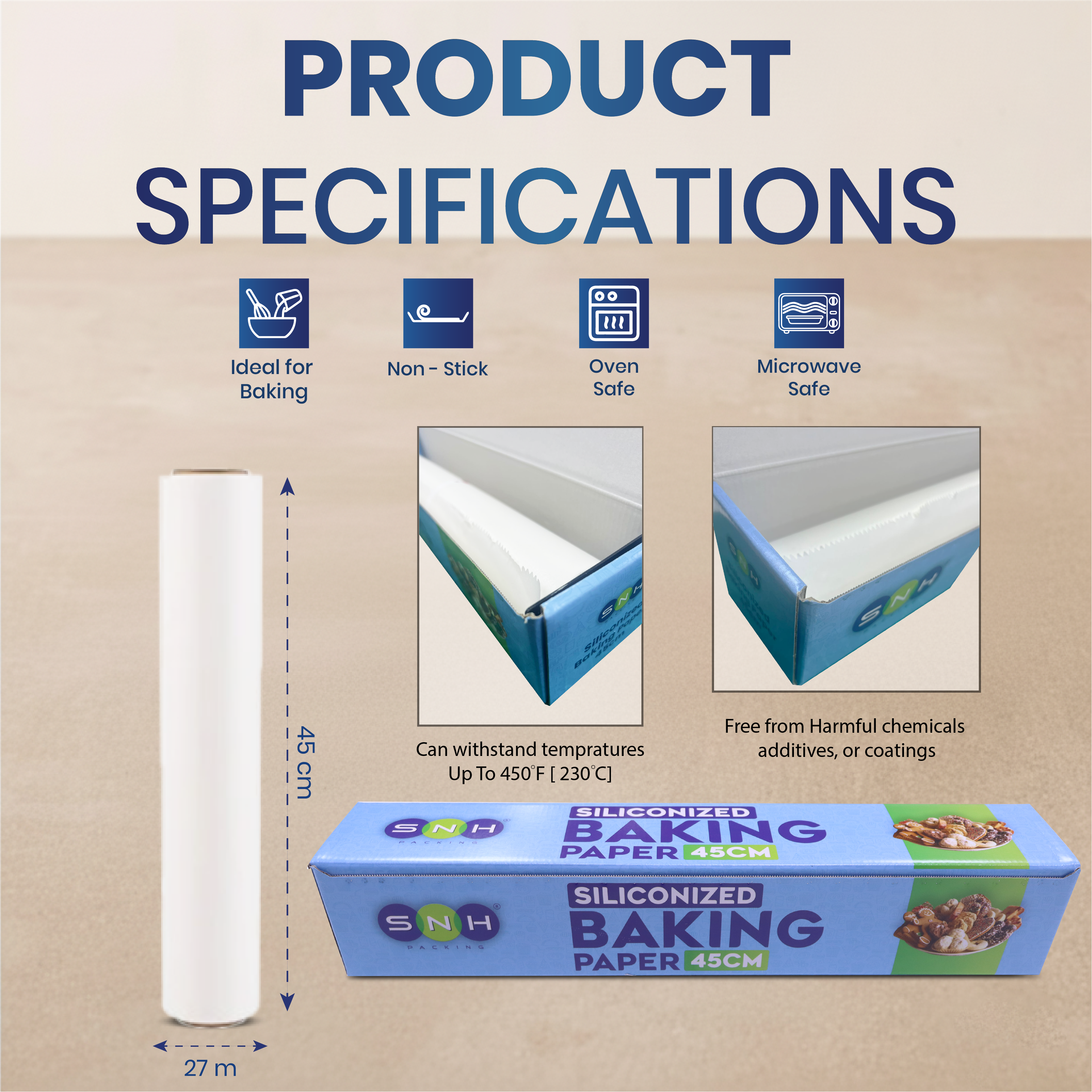 Siliconized baking paper packaging with product specifications on a beige background