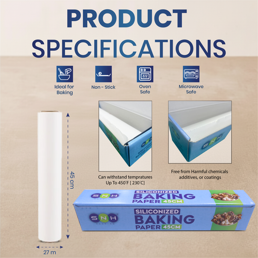 Siliconized baking paper packaging with product specifications on a beige background