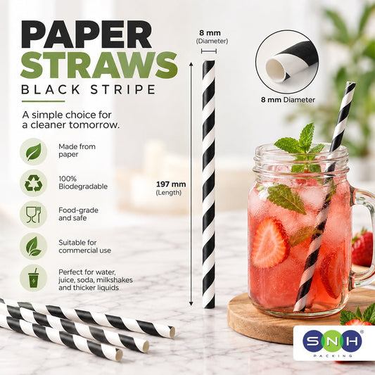 Paper Straw Black Stripe 8mm x 197mm 100 Pieces - SNH Packing