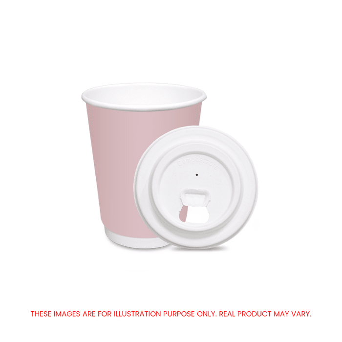 Pink Double Wall Paper Cups with Bagasse Lids 8oz 12oz