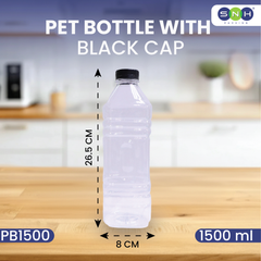 PET Bottles with Caps – Square | Multiple Sizes | Clear, Food-Grade & Leak-Proof Beverage Bottles (Black & White Caps Available)
