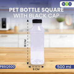 Square PET Bottles with Black or White Caps – Clear Food-Grade Plastic Beverage Bottles | Leak-Proof, Reusable & Available in Bulk Packs (200ml–1500ml)