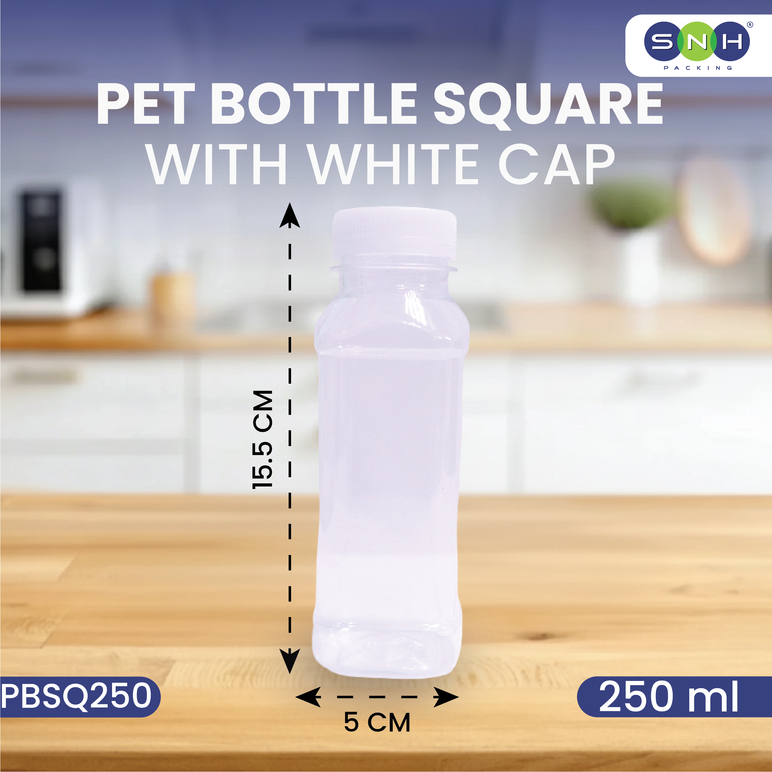 PET Bottles with Caps – Square | Multiple Sizes | Clear, Food-Grade & Leak-Proof Beverage Bottles (Black & White Caps Available)
