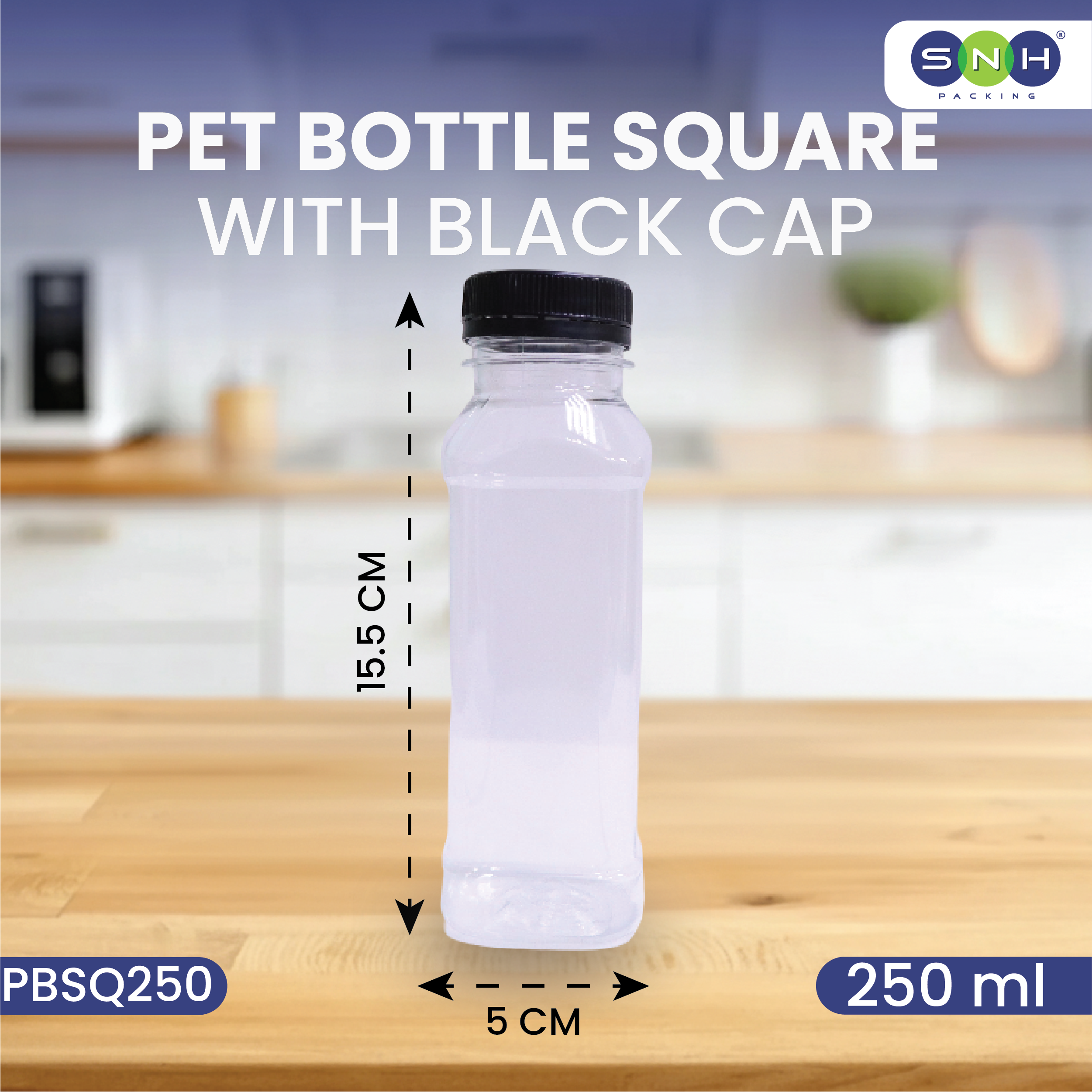 PET Bottles with Caps – Square | Multiple Sizes | Clear, Food-Grade & Leak-Proof Beverage Bottles (Black & White Caps Available)