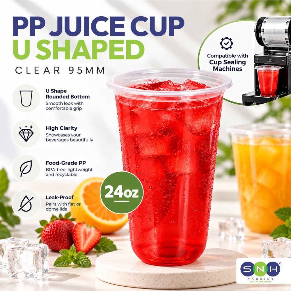 PP Juice Cups U Shape Clear 95mm 16oz 24oz Leak Proof - SNH Packing