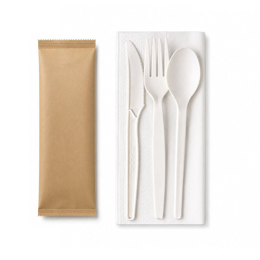 PSM White Cutlery Pack 4x1 Wrapped Eco Friendly Disposable Set - SNH Packing