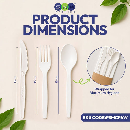 PSM White Cutlery Pack 4x1 Wrapped Eco Friendly Disposable Set - SNH Packing