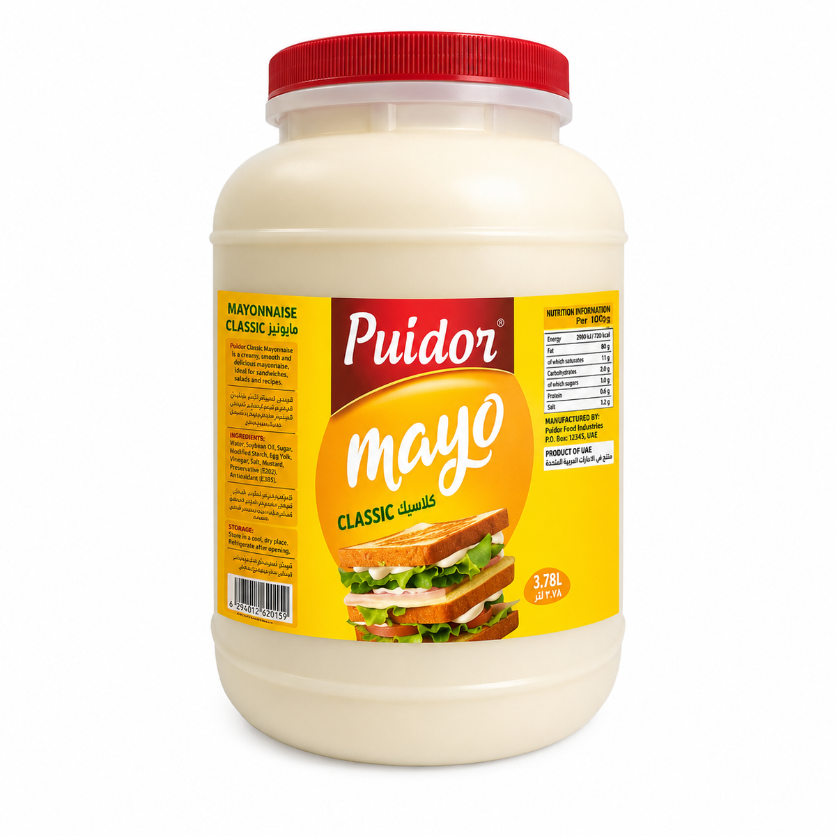 A 3.7L plastic jar of Puidor Classic Mayo with a red lid, featuring a yellow label with the Puidor brand logo and an image of a sandwich.